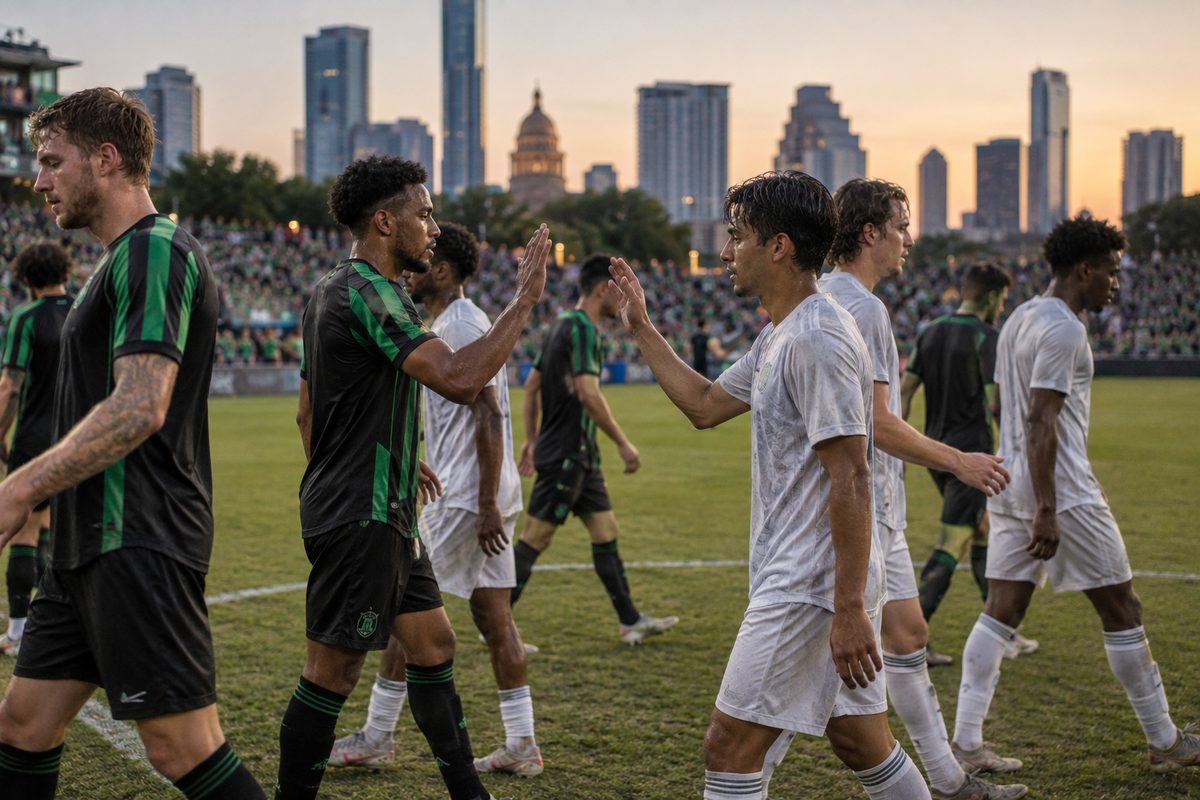 Soccer players exchanging post-game handshakes along the center line.