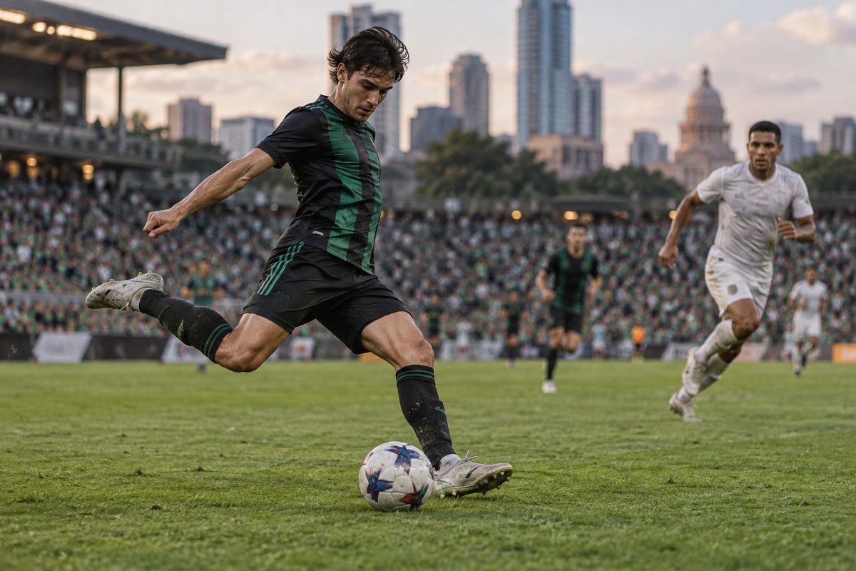 Soccer player striking the ball during a fast offensive play on grass turf.